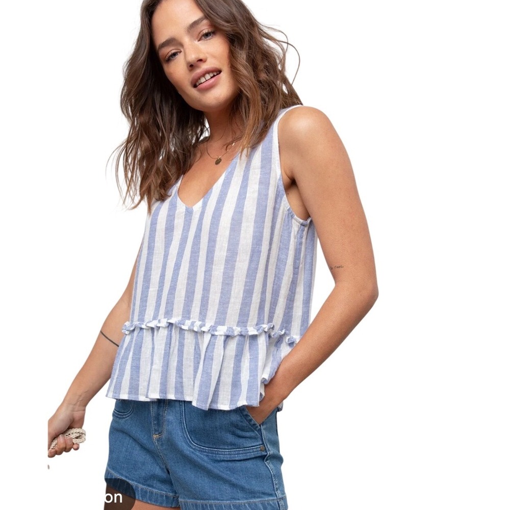 Rails Mira Tank Top Ciel Blue White‎ Stripe Linen Blend Ruffle V-Neck Large